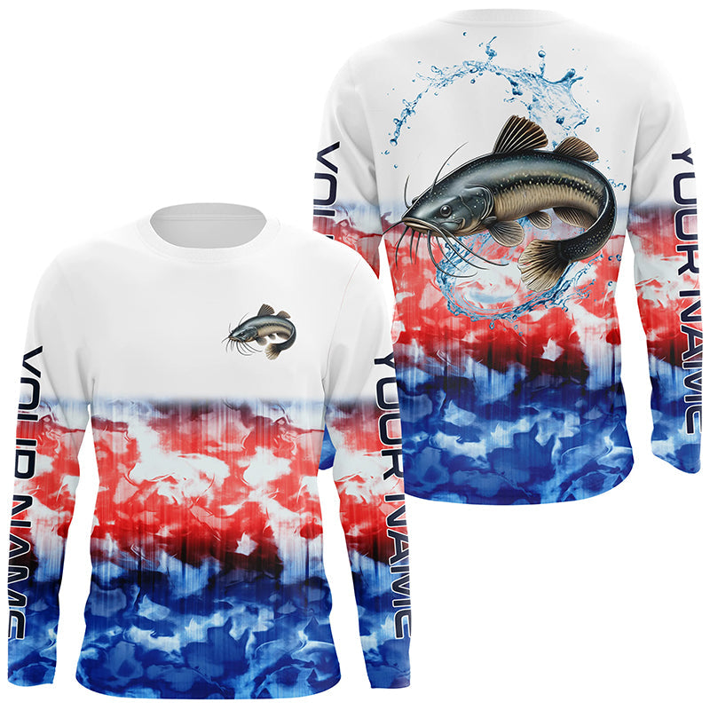 Red White And Blue Tie Dye Background Custom Patriotic Catfish Long Sleeve Fishing