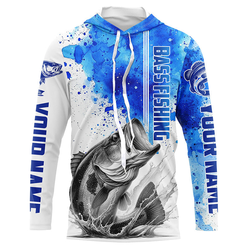 Bass Fishing Watercolor Custom Long Sleeve Performance Fishing, Bass Fishing | Blue