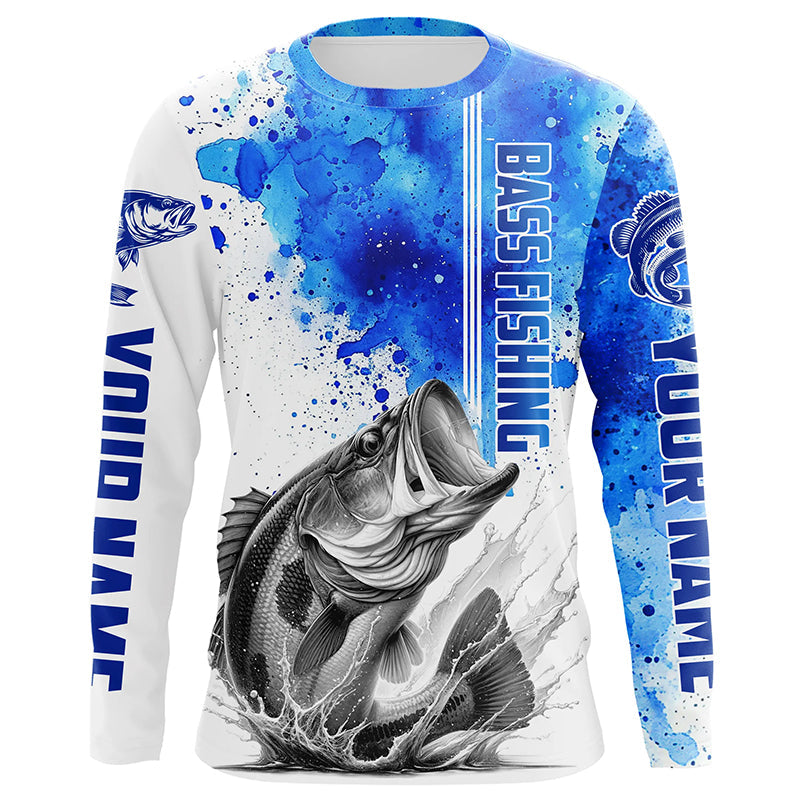 Bass Fishing Watercolor Custom Long Sleeve Performance Fishing, Bass Fishing | Blue