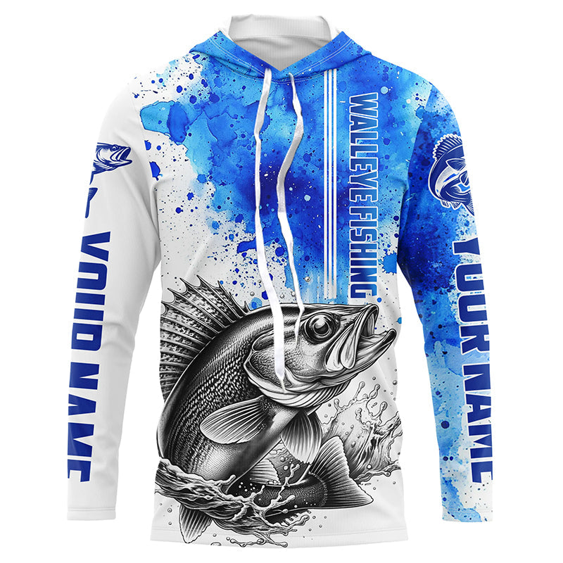 Walleye Fishing Watercolor Custom Long Sleeve Fishing, Walleye Fishing | Blue