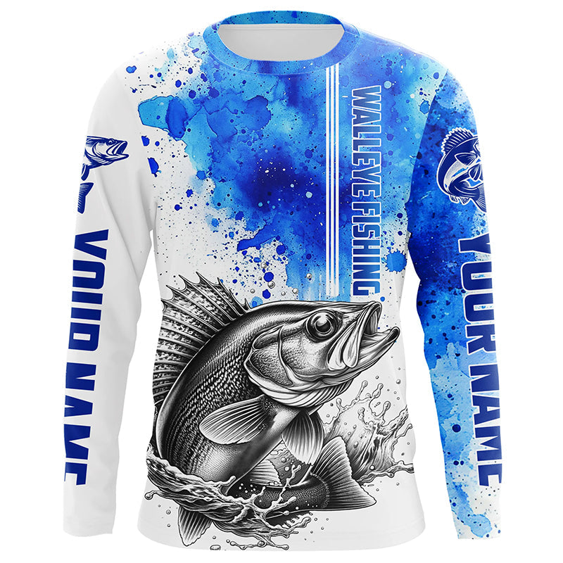 Walleye Fishing Watercolor Custom Long Sleeve Fishing, Walleye Fishing | Blue