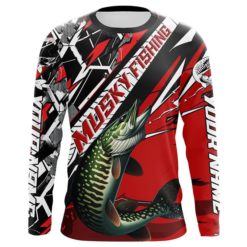 Black And Red Musky Long Sleeve Tournament Fishing, Custom Muskie Fishing