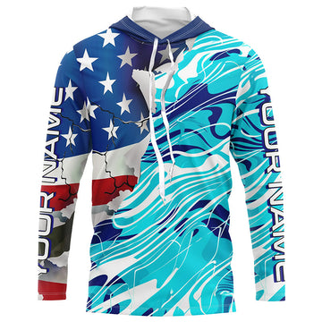 Custom American Flag Blue Camo Long Sleeve, Patriotic Performance Fishing