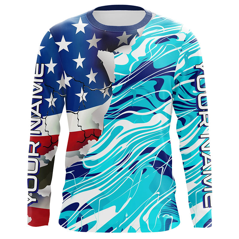 Custom American Flag Blue Camo Long Sleeve, Patriotic Performance Fishing