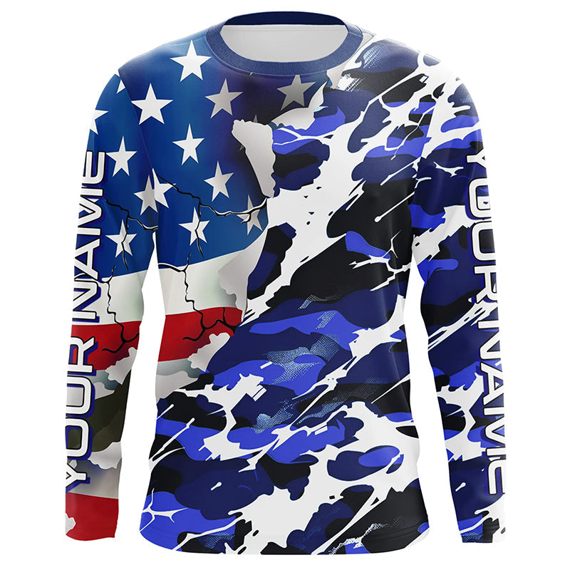 Custom American Flag Blue Camo Long Sleeve, Patriotic Performance Fishing