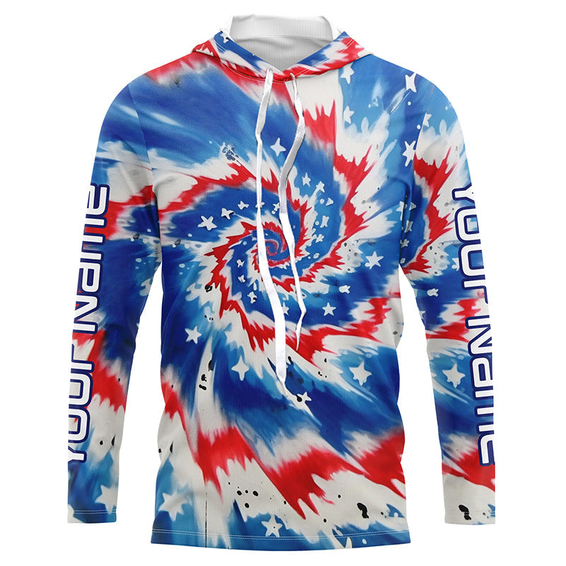 American Flag Tie Dye Custom Long Sleeve Performance Fishing, Patriotic Fishing