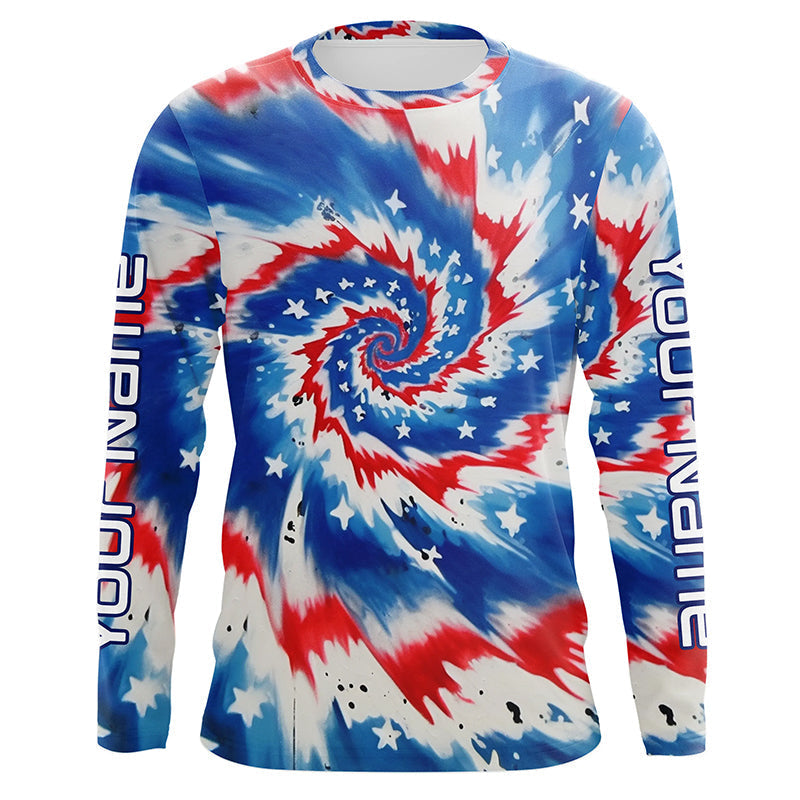 American Flag Tie Dye Custom Long Sleeve Performance Fishing, Patriotic Fishing