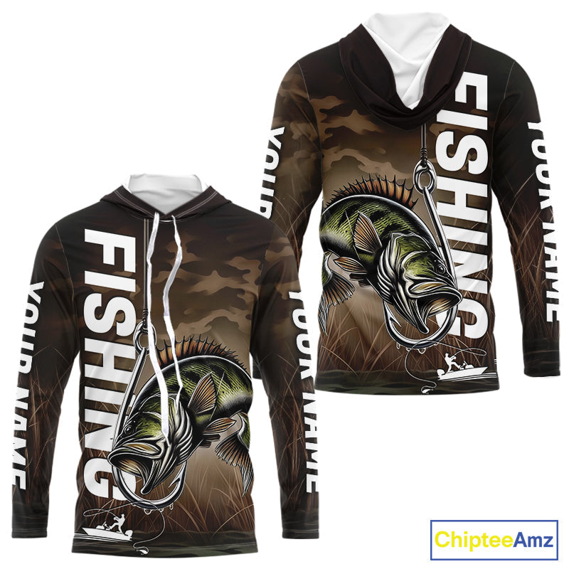 Brown Camouflage Fish Hook Custom Largemouth Bass Long Sleeve Hooded Tournament Fishing