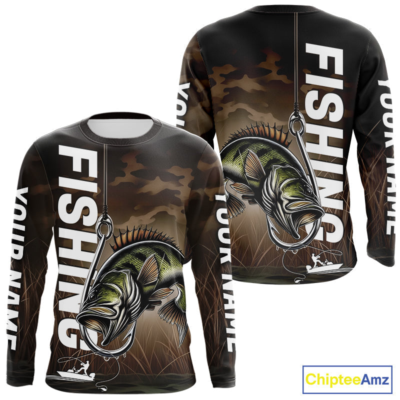 Brown Camouflage Fish Hook Custom Largemouth Bass Long Sleeve Hooded Tournament Fishing