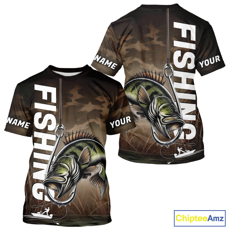 Brown Camouflage Fish Hook Custom Largemouth Bass Long Sleeve Hooded Tournament Fishing