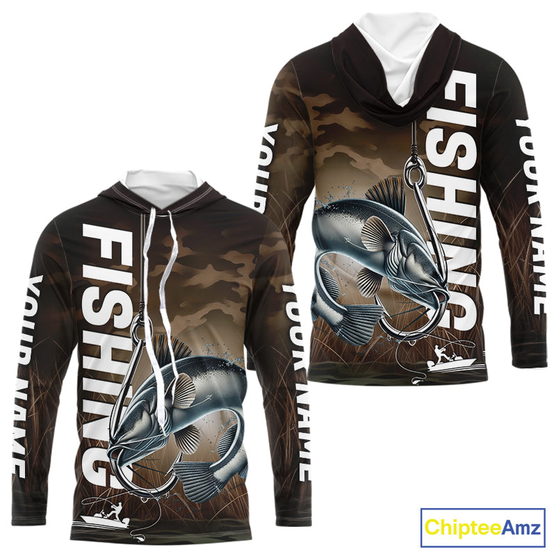 Brown Camouflage Fish Hook Custom Catfish Long Sleeve Hooded Tournament Fishing