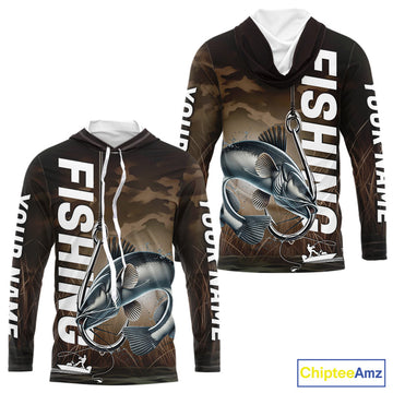 Brown Camouflage Fish Hook Custom Catfish Long Sleeve Hooded Tournament Fishing