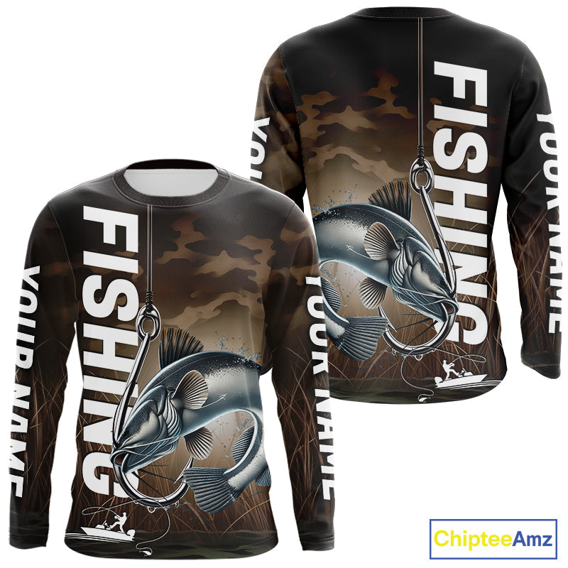 Brown Camouflage Fish Hook Custom Catfish Long Sleeve Hooded Tournament Fishing