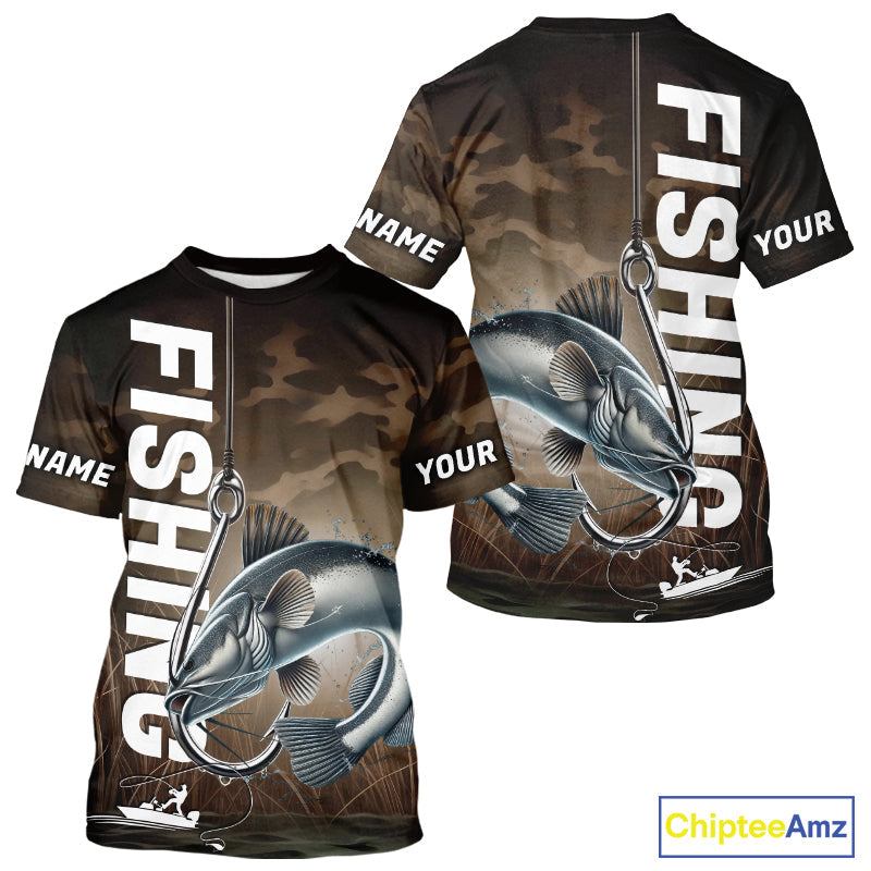Brown Camouflage Fish Hook Custom Catfish Long Sleeve Hooded Tournament Fishing