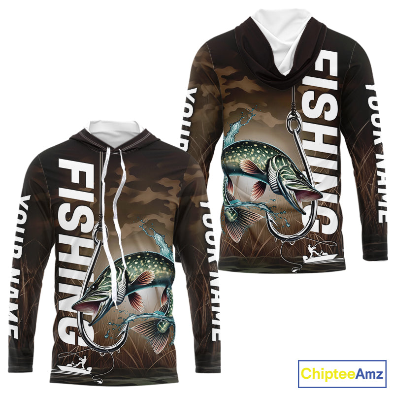 Brown Camouflage Fish Hook Custom Pike Long Sleeve Hooded Tournament Fishing