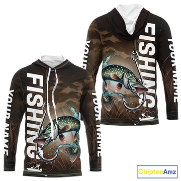 Brown Camouflage Fish Hook Custom Pike Long Sleeve Hooded Tournament Fishing