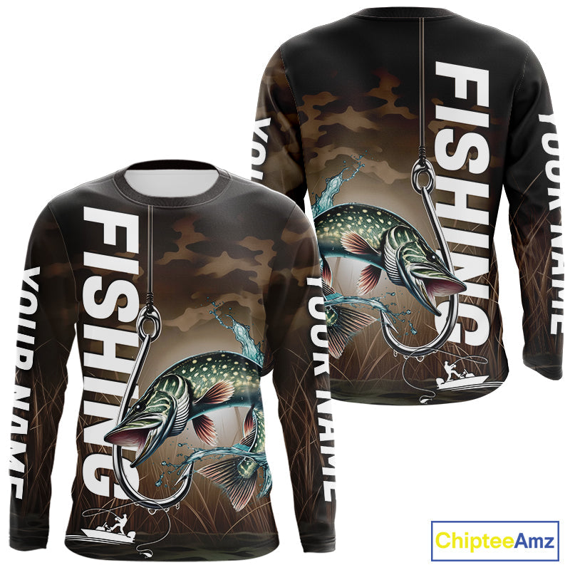Brown Camouflage Fish Hook Custom Pike Long Sleeve Hooded Tournament Fishing