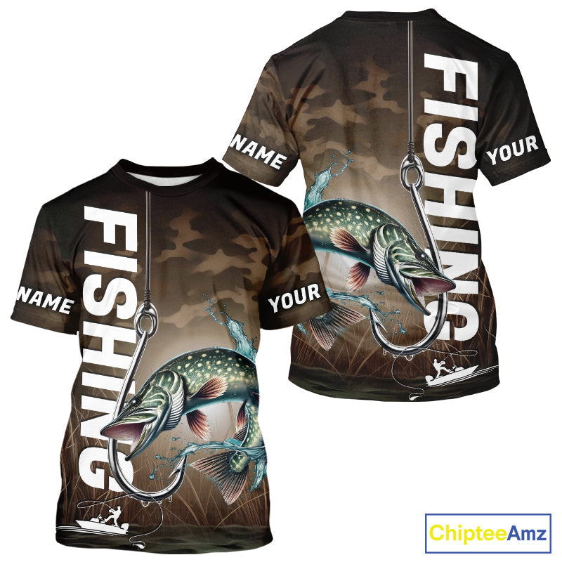 Brown Camouflage Fish Hook Custom Pike Long Sleeve Hooded Tournament Fishing