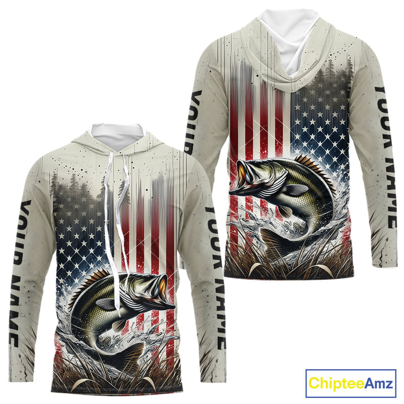 Custom Patriotic US Flag Largemouth Bass Long Sleeve Hooded Fishing, Bass Fishing