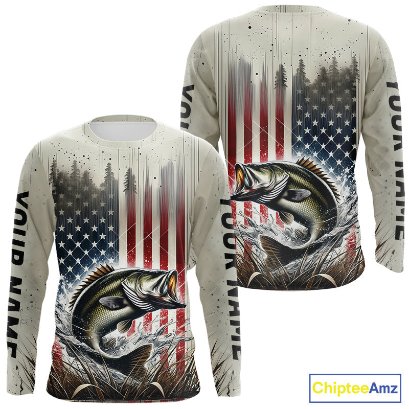 Custom Patriotic US Flag Largemouth Bass Long Sleeve Hooded Fishing, Bass Fishing