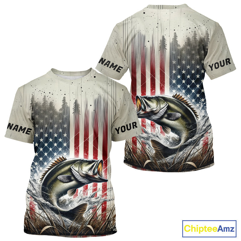 Custom Patriotic US Flag Largemouth Bass Long Sleeve Hooded Fishing, Bass Fishing