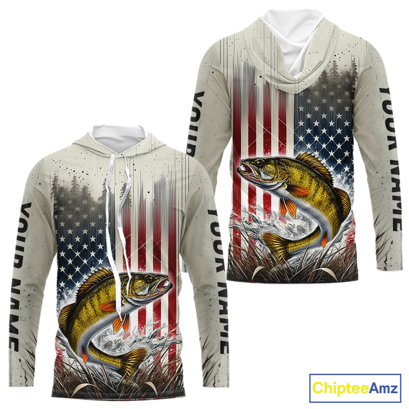 Custom Patriotic US Flag Walleye Long Sleeve Hooded Fishing, Walleye Fishing