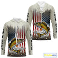 Custom Patriotic US Flag Walleye Long Sleeve Hooded Fishing, Walleye Fishing