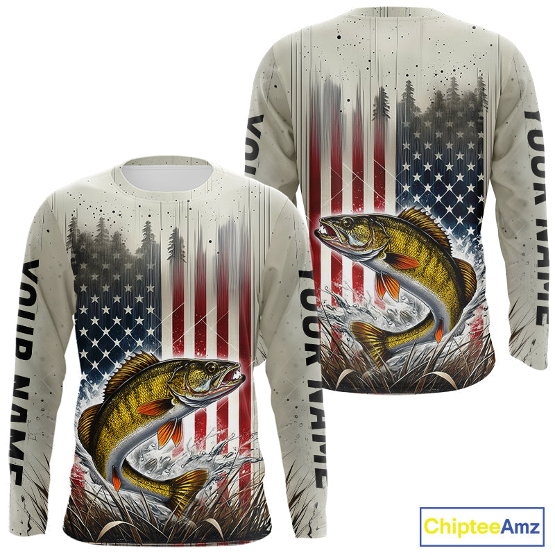 Custom Patriotic US Flag Walleye Long Sleeve Hooded Fishing, Walleye Fishing