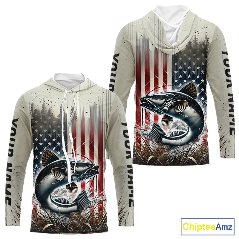 Custom Patriotic US Flag Catfish Long Sleeve Hooded Fishing, Catfish Fishing