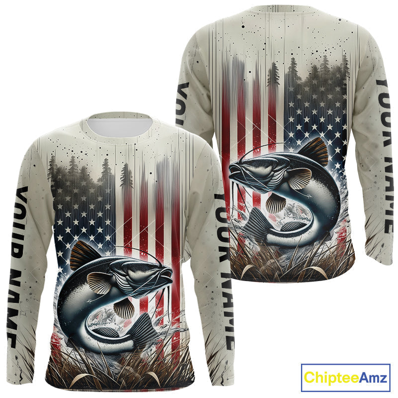 Custom Patriotic US Flag Catfish Long Sleeve Hooded Fishing, Catfish Fishing