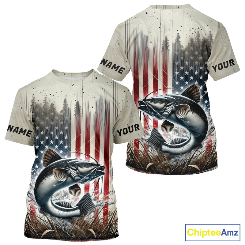 Custom Patriotic US Flag Catfish Long Sleeve Hooded Fishing, Catfish Fishing