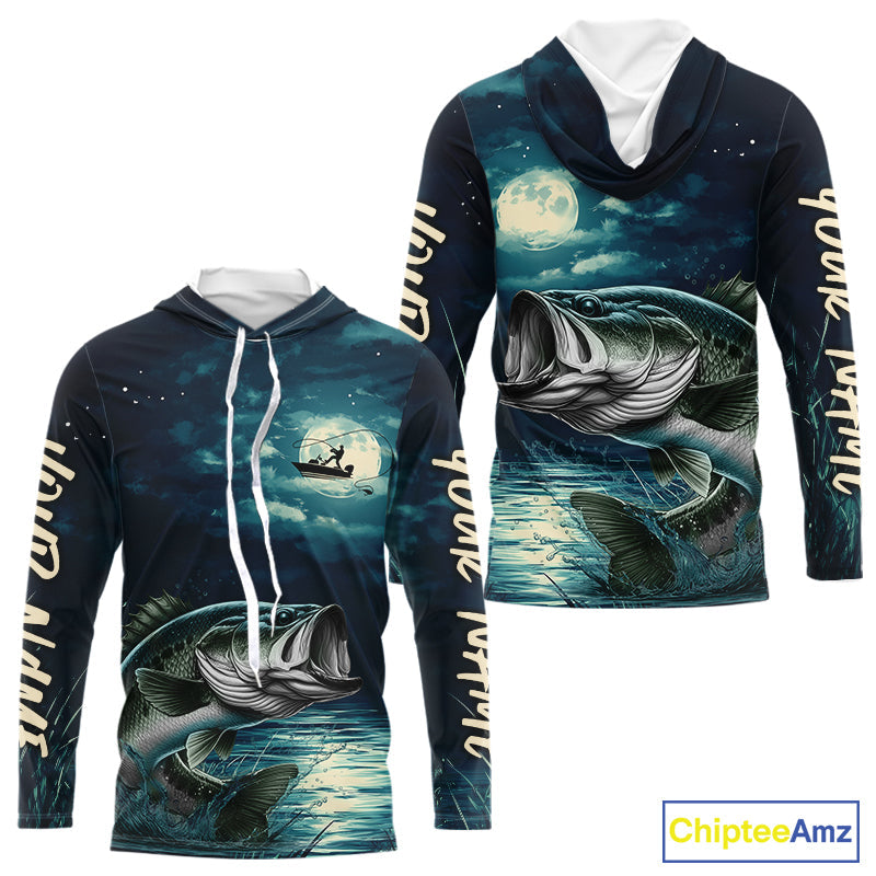Full Moon Fishing Custom Largemouth Bass Long Sleeve Hooded Night Fishing For Fishing Lovers