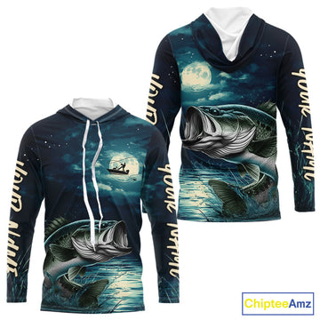 Full Moon Fishing Custom Largemouth Bass Long Sleeve Hooded Night Fishing For Fishing Lovers