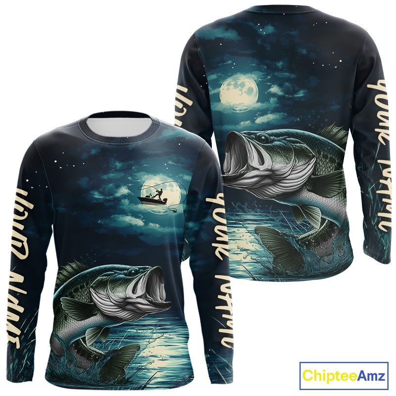 Full Moon Fishing Custom Largemouth Bass Long Sleeve Hooded Night Fishing For Fishing Lovers