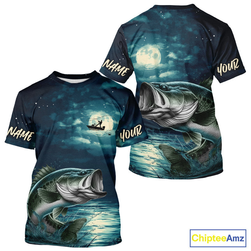 Full Moon Fishing Custom Largemouth Bass Long Sleeve Hooded Night Fishing For Fishing Lovers