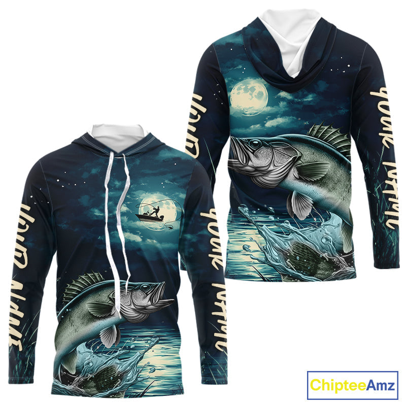 Full Moon Fishing Custom Walleye Long Sleeve Hooded Night Fishing For Fishing Lovers