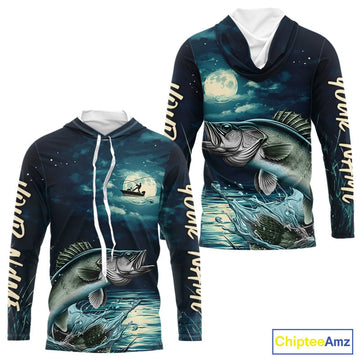 Full Moon Fishing Custom Walleye Long Sleeve Hooded Night Fishing For Fishing Lovers
