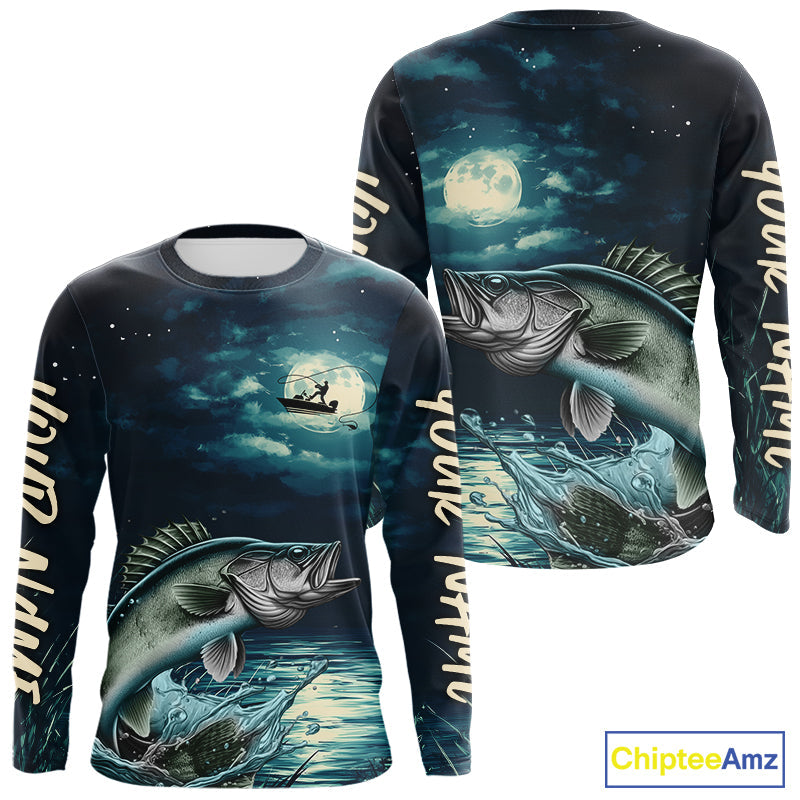 Full Moon Fishing Custom Walleye Long Sleeve Hooded Night Fishing For Fishing Lovers