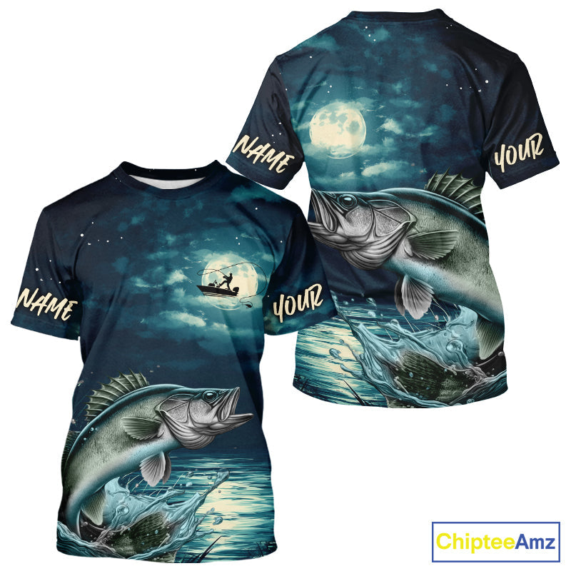 Full Moon Fishing Custom Walleye Long Sleeve Hooded Night Fishing For Fishing Lovers