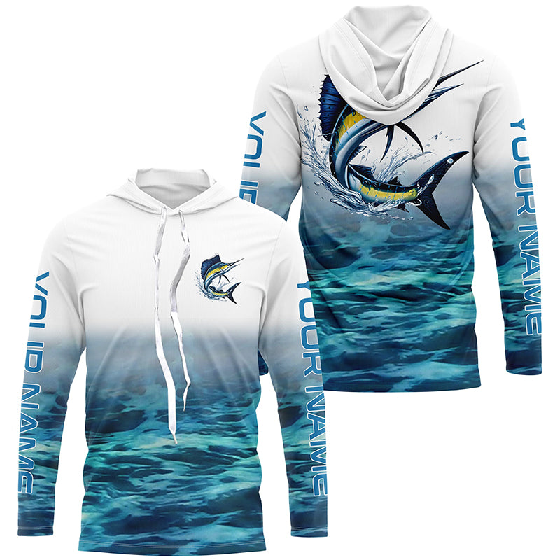 Blue Ocean Background Custom Sailfish Fishing Long Sleeve, Sailfish Saltwater Fishing