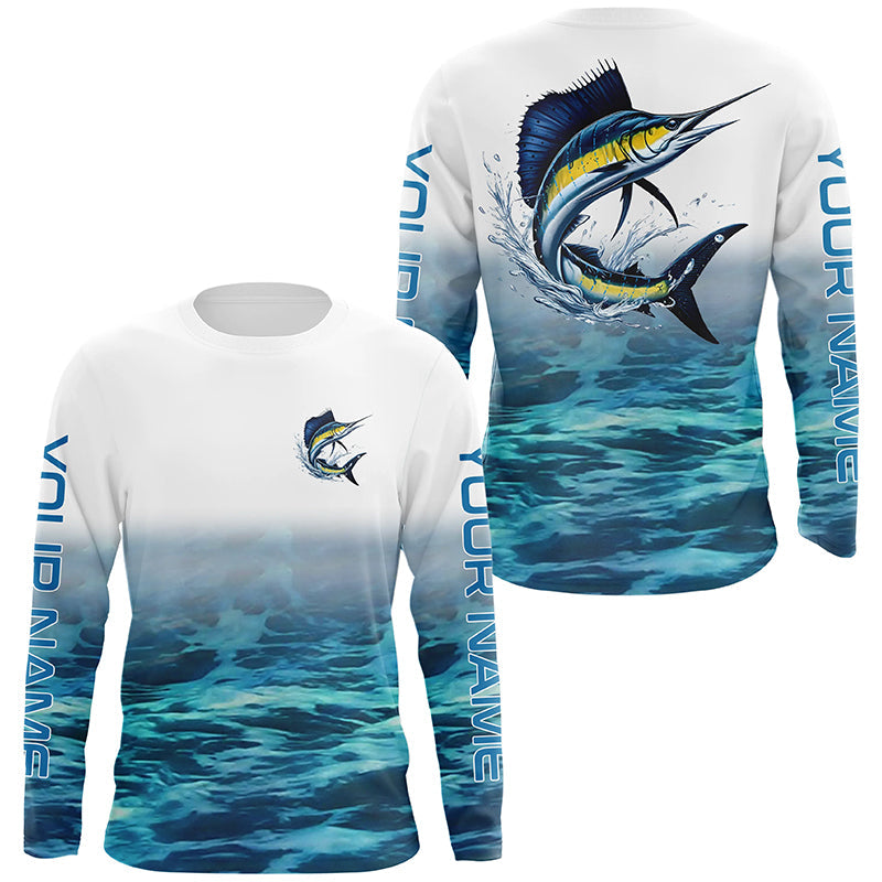 Blue Ocean Background Custom Sailfish Fishing Long Sleeve, Sailfish Saltwater Fishing