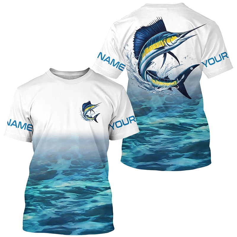Blue Ocean Background Custom Sailfish Fishing Long Sleeve, Sailfish Saltwater Fishing