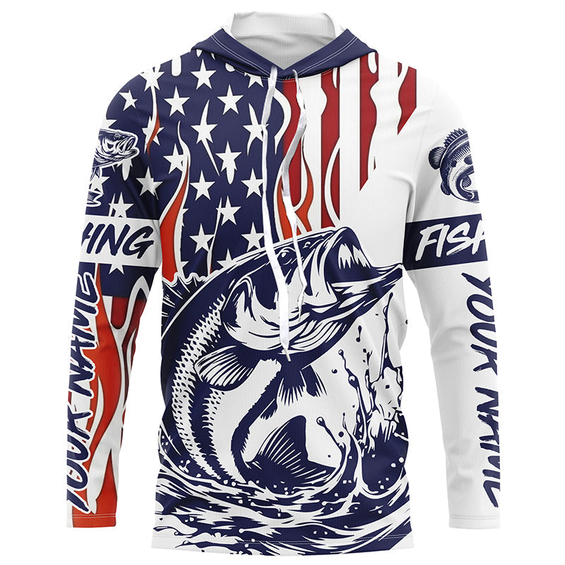 Flame American Flag Custom Bass Long Sleeve Tournament Fishing, Patriotic Bass Fishing