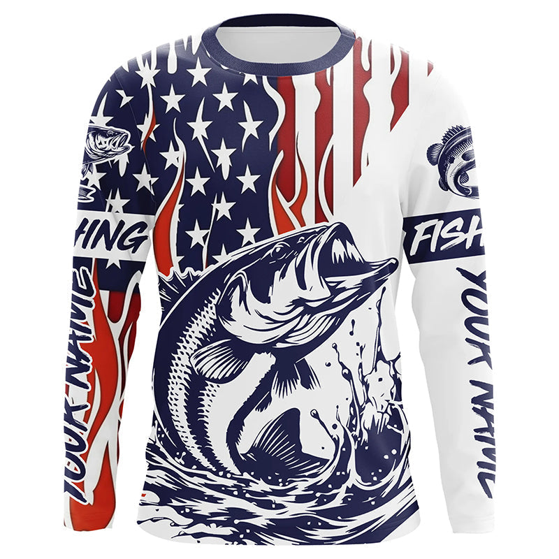 Flame American Flag Custom Bass Long Sleeve Tournament Fishing, Patriotic Bass Fishing