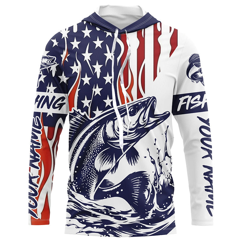 Flame American Flag Custom Walleye Long Sleeve Fishing, Patriotic Walleye Fishing