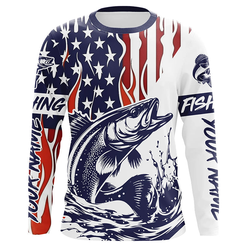 Flame American Flag Custom Walleye Long Sleeve Fishing, Patriotic Walleye Fishing