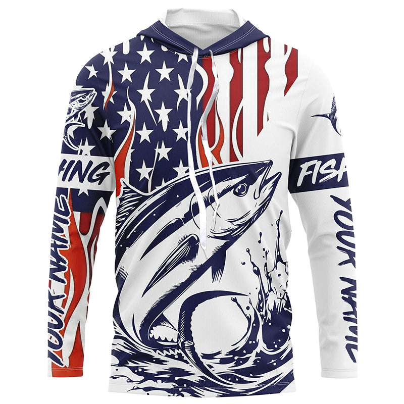Flame American Flag Custom Tuna Long Sleeve Fishing, Patriotic Tuna Saltwater Fishing