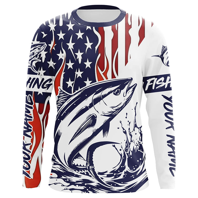 Flame American Flag Custom Tuna Long Sleeve Fishing, Patriotic Tuna Saltwater Fishing