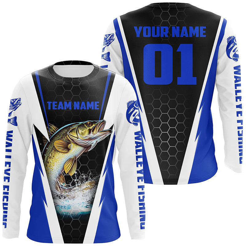 Walleye Fishing Long Sleeve Tournament For Fishing Team With Custom Name And Number | Blue