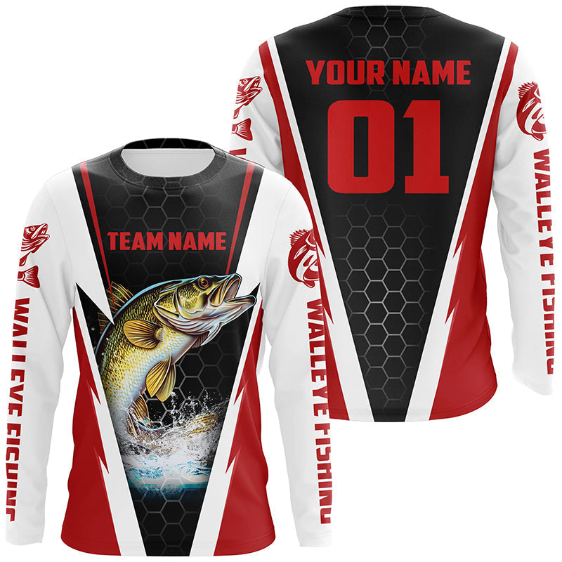 Walleye Fishing Long Sleeve Tournament For Fishing Team With Custom Name And Number | Red